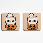 Cute White Cat on Pumpkin Coasters