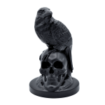 Front view of handmade black raven on skull ornament