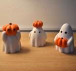 Three Cute Ghosts with Pumpkins - Handmade Ornaments - Set of 3 Ghosts