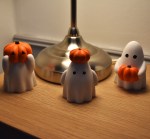 Three Cute Ghosts with Pumpkins - Handmade Ornaments - Set of 3 Ghosts