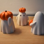 Three Cute Ghosts with Pumpkins - Handmade Ornaments - Set of 3 Ghosts